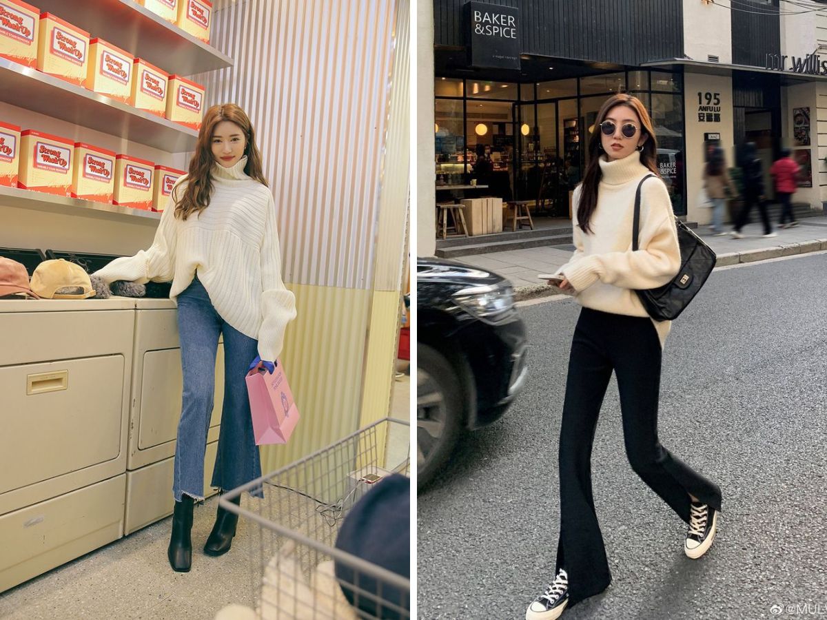 Lên đồ mùa đông đơn giản với áo len và quần jean