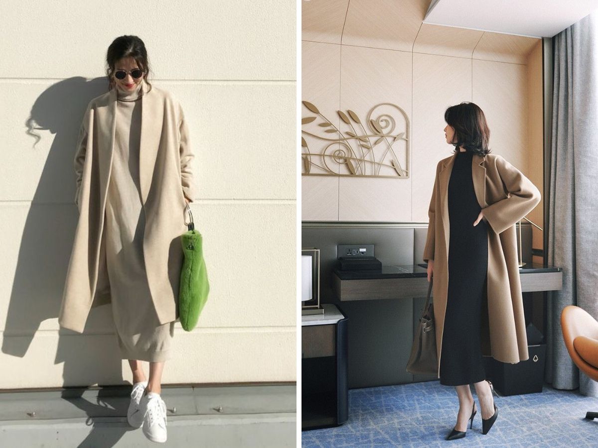 Sử dụng dạ dáng dài và váy liền cũng là cách kinh điển để phối đồ mùa đông Hàn Quốc