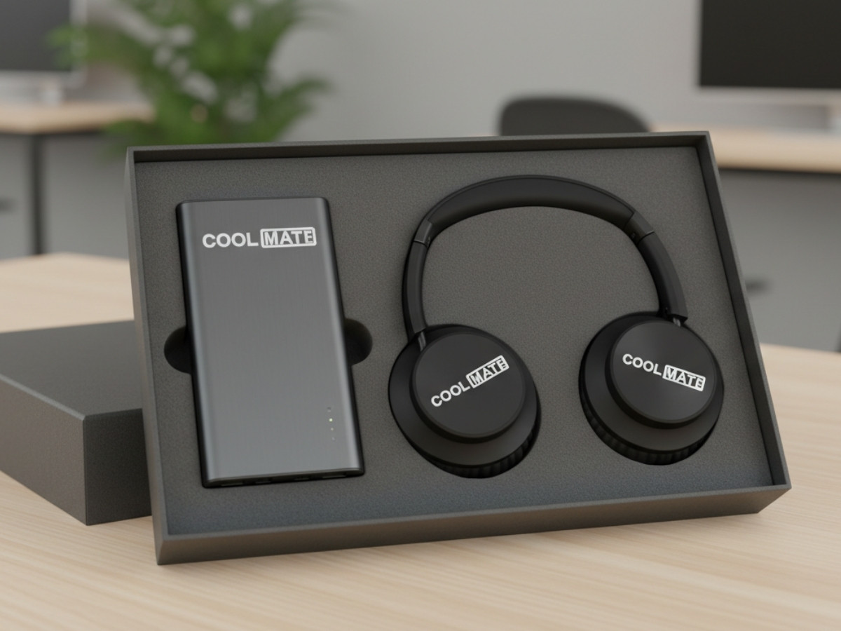 Một bộ quà tặng công nghệ (sạc dự phòng, tai nghe) có in logo công ty