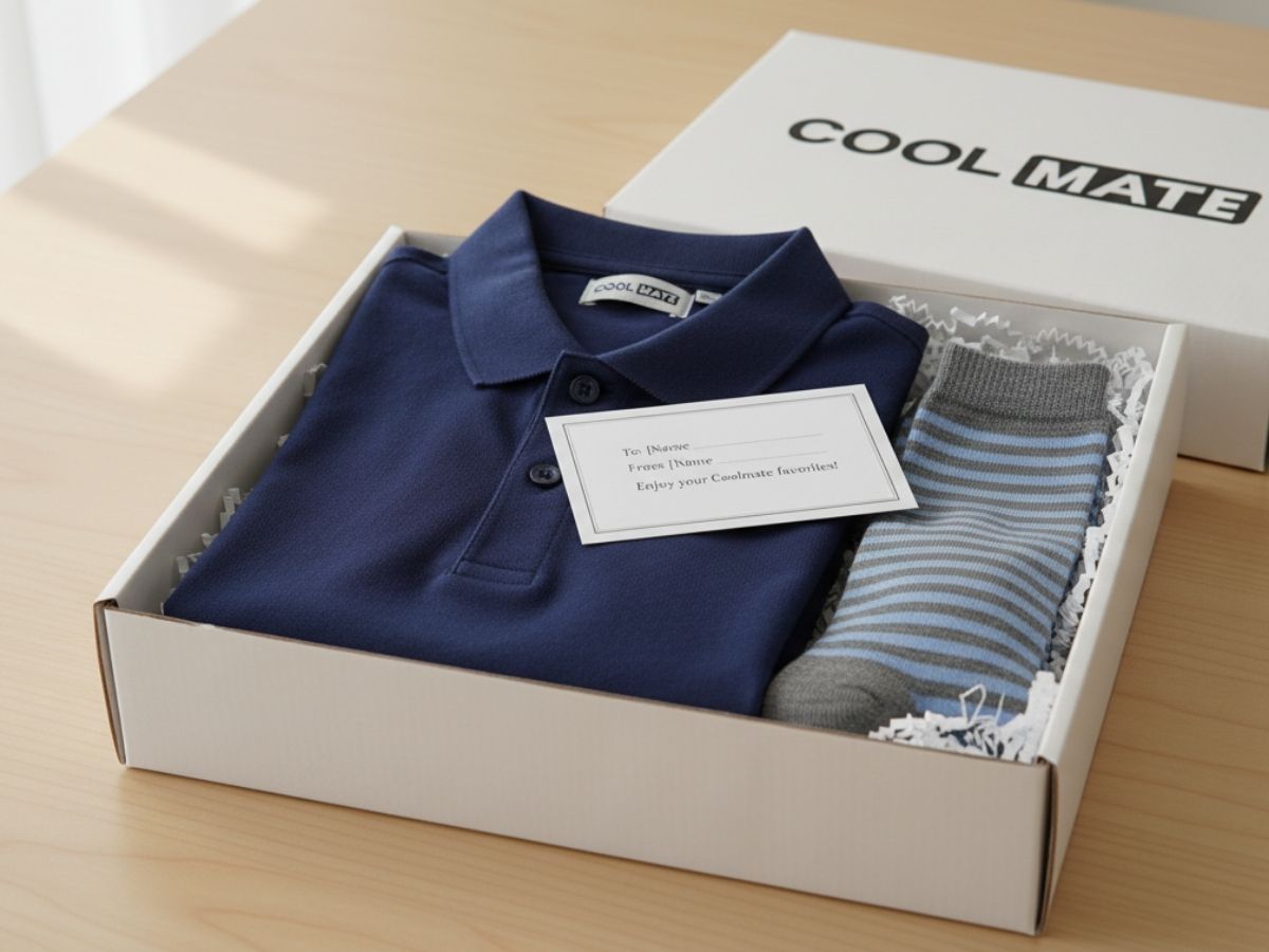 Một set quà được đóng gói trong hộp của Coolmate, bên trong có một chiếc áo polo gấp gọn, một đôi tất và một tấm thiệp nhỏ