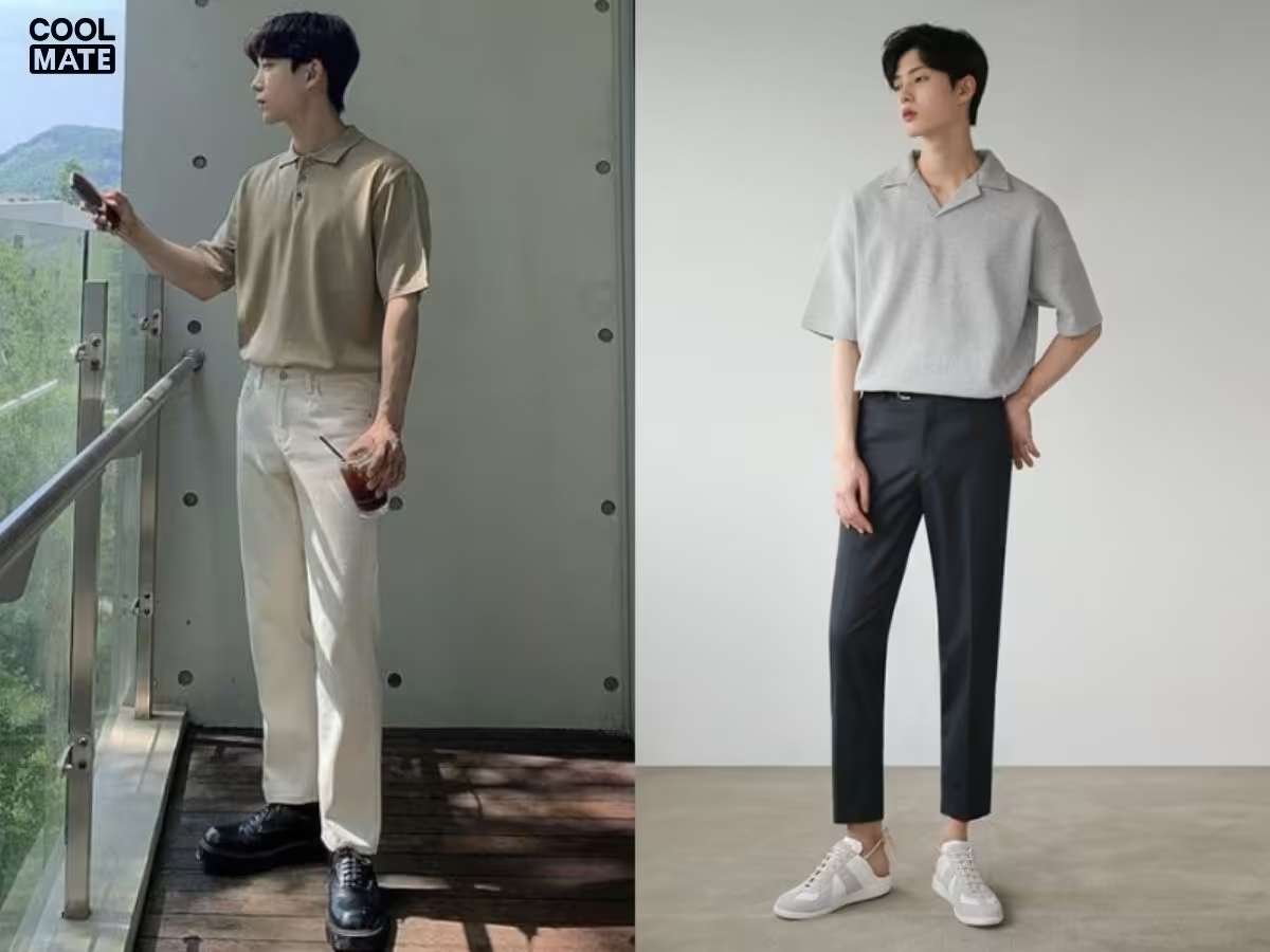 Mẫu áo Polo và Quần tây của Coolmate được chụp trên người mẫu trong bối cảnh công sở năng động, hiện đại