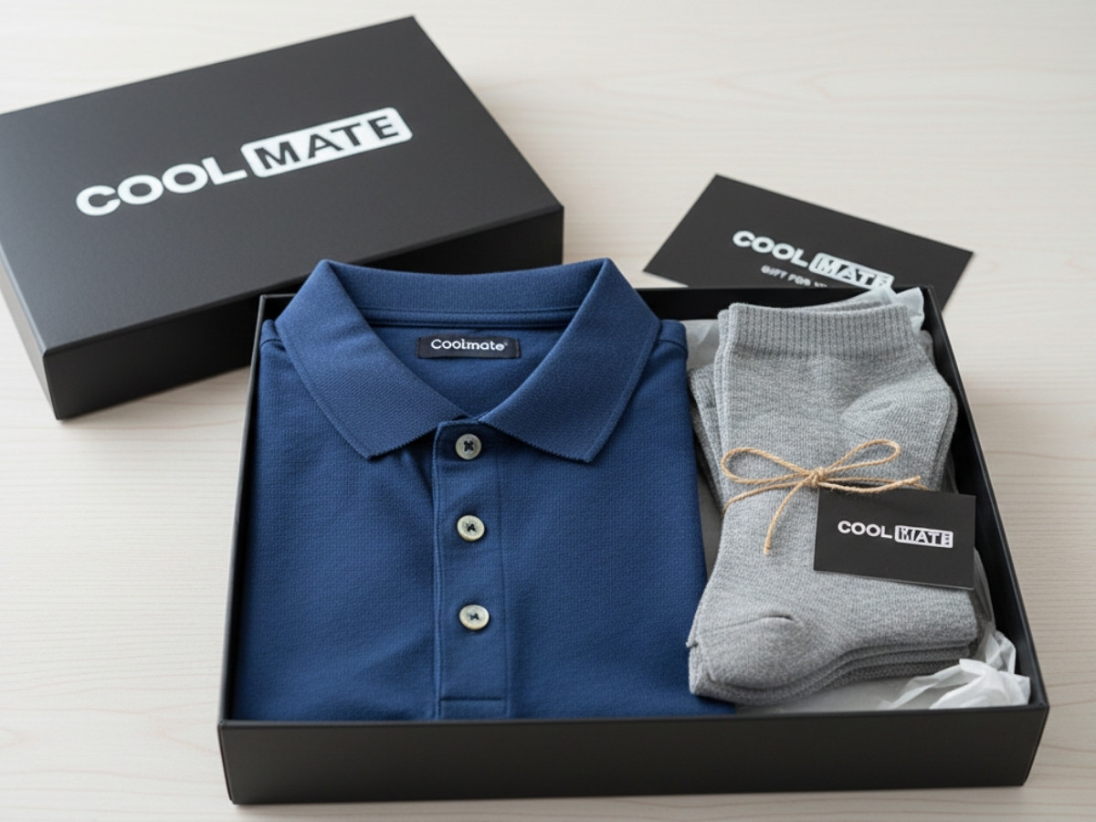 Các set quà của Coolmate được sắp xếp đẹp mắt (ví dụ: set áo polo + tất; set áo thun + mũ)