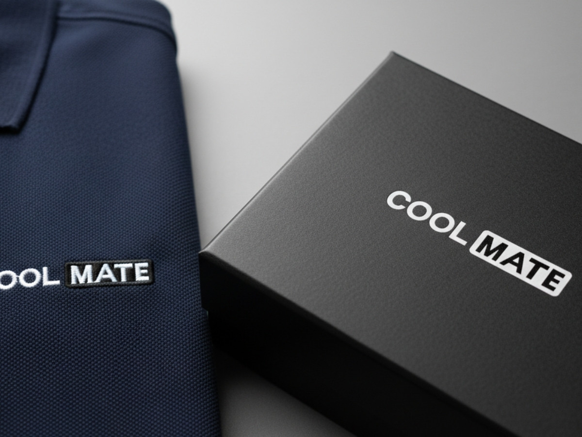 Hình ảnh cận cảnh logo được thêu/in sắc nét trên áo polo, trên hộp quà