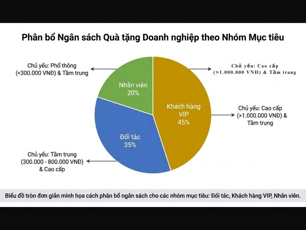 Biểu đồ tròn đơn giản minh họa cách phân bổ ngân sách cho các nhóm đối tượng: Đối tác, Khách hàng VIP, Nhân viên
