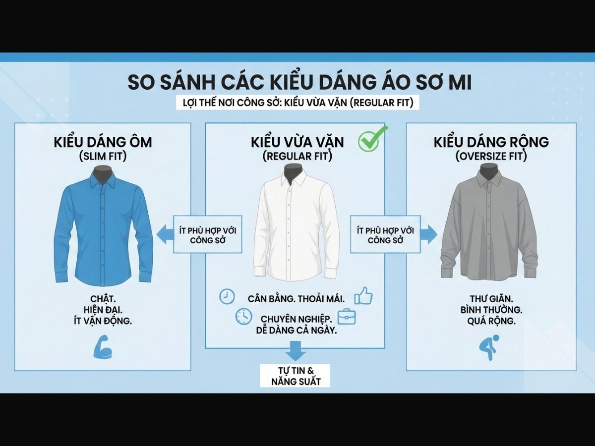 Infographic đơn giản so sánh 3 form áo Slim Fit, Regular Fit, Oversize
