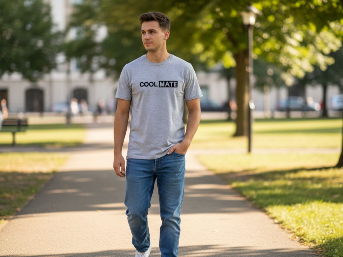 Mặc áo thun có logo Coolmate được in tinh tế ở ngực, đi dạo trong công viên