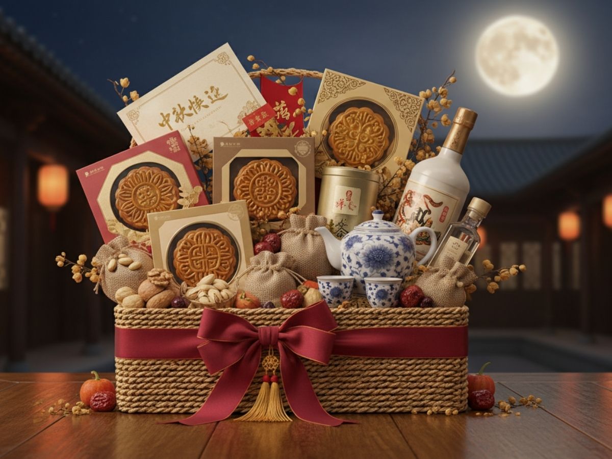 Một giỏ quà Trung thu đầy đặn, được gói đẹp mắt với bánh, trà, rượu và các loại hạt