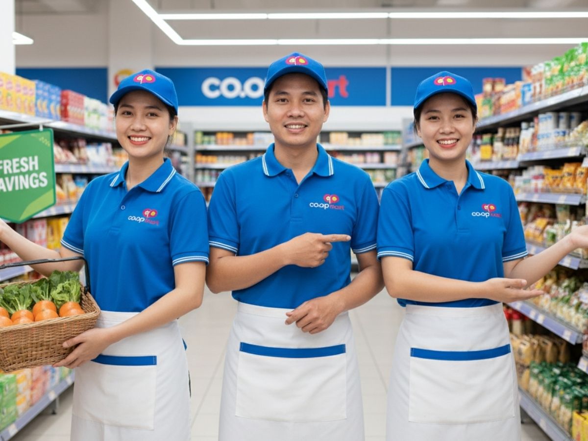Nhân viên Coopmart tươi cười với đầy đủ bộ đồng phục gồm áo polo, tạp dề và nón lưỡi trai