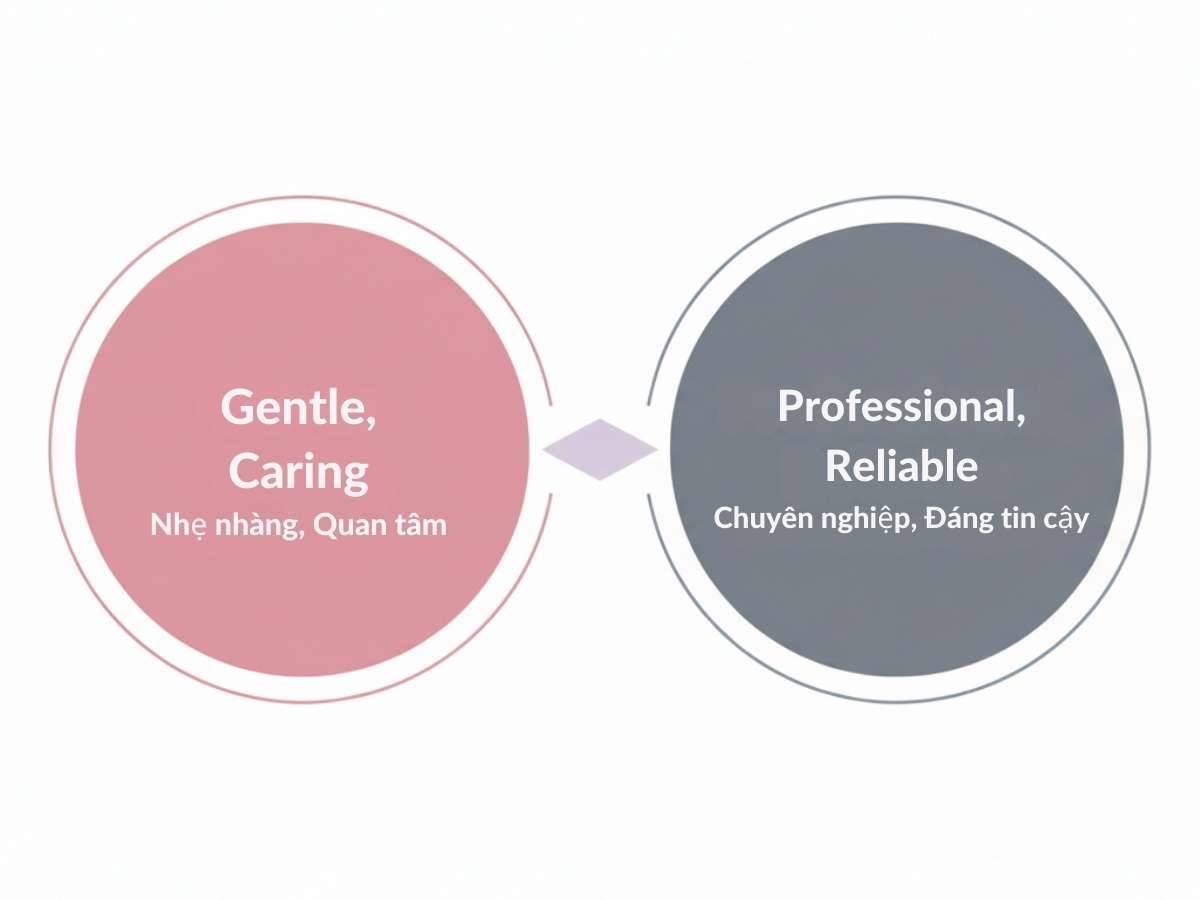 Infographic đơn giản với vòng tròn màu hồng sen ghi "Dịu dàng, Quan tâm" và vòng tròn màu xám ghi "Chuyên nghiệp, Tin cậy"