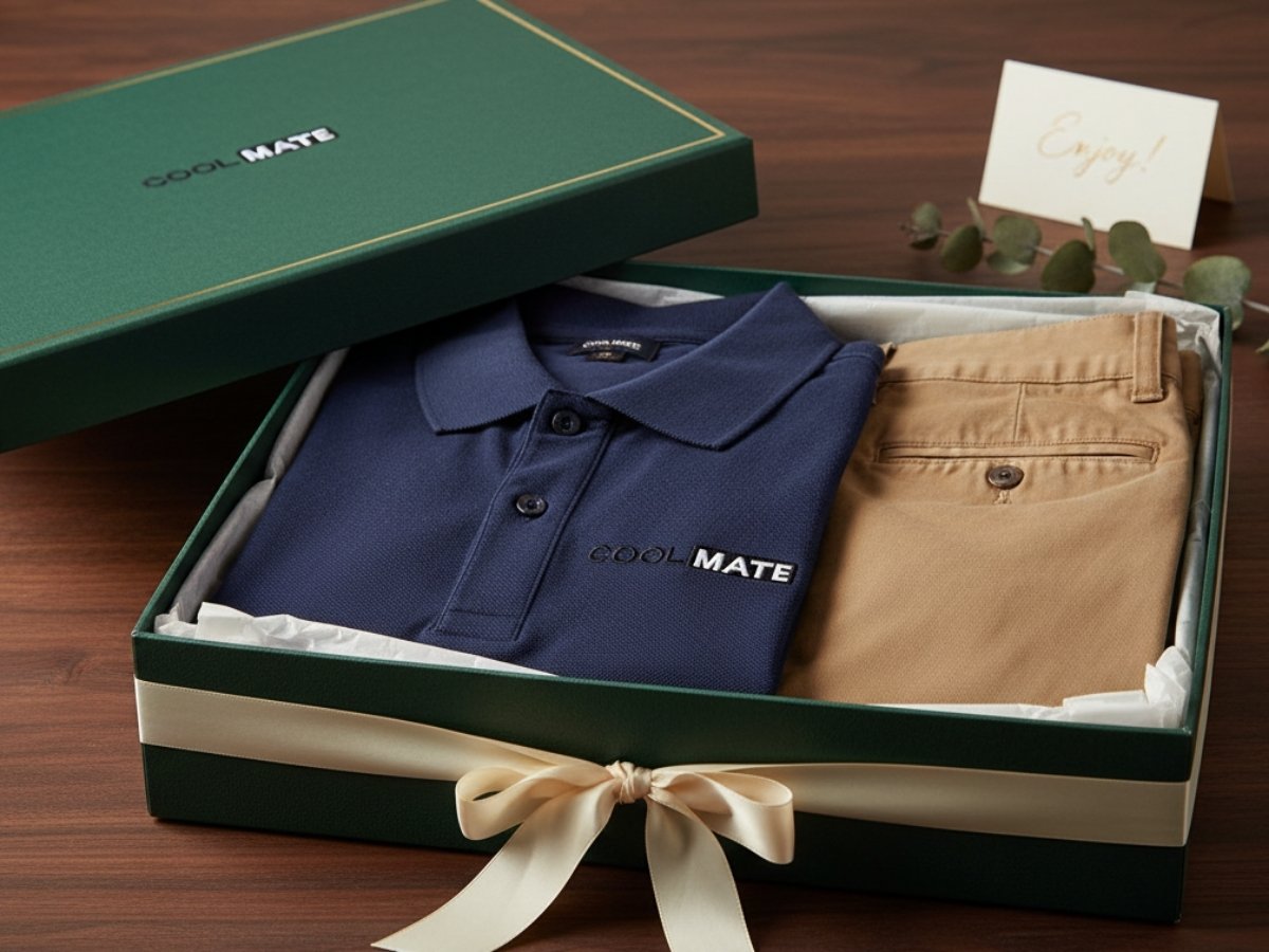 Set quà áo polo + quần khaki của Coolmate trong hộp quà sang trọng