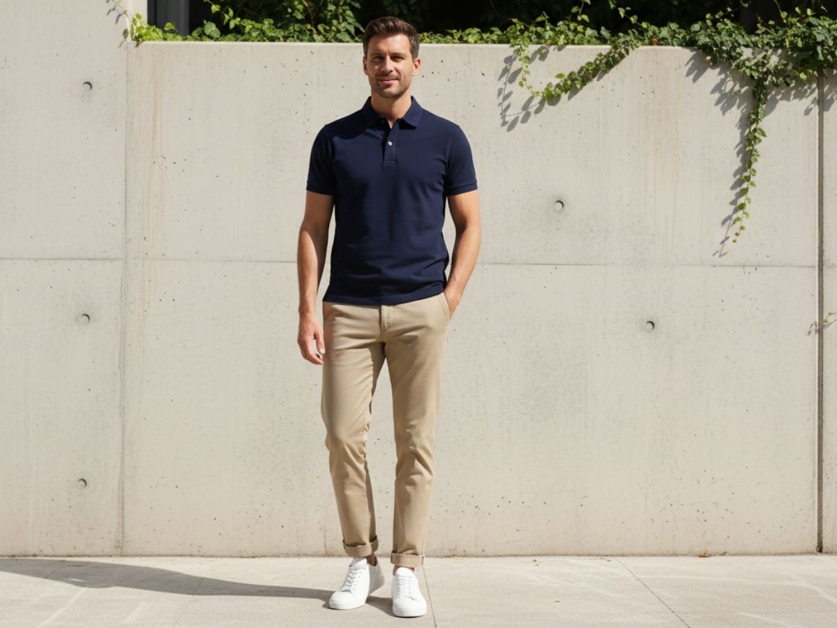 Phối áo polo xanh với quần kaki màu be và giày sneaker trắng