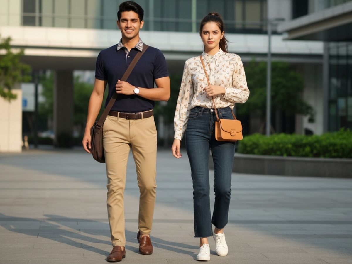 Một bạn nam mặc áo polo Coolmate phối quần kaki và một bạn nữ mặc áo sơ mi phối quần jeans ống đứng, phong cách lịch sự, năng động