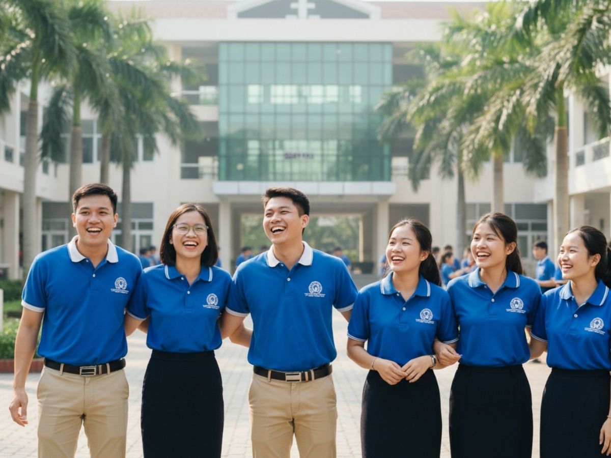 Nam và nữ sinh viên Cao đẳng Bách Việt mặc áo polo đồng phục màu xanh, tươi cười trong khuôn viên trường