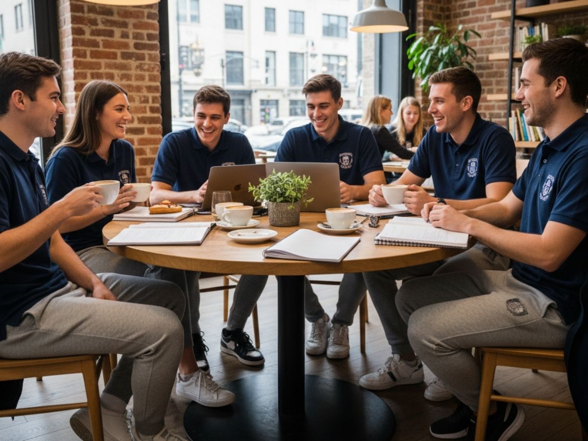 Sinh viên mặc áo polo đồng phục phối cùng quần jogger Coolmate và giày sneaker, ngồi ở quán cà phê