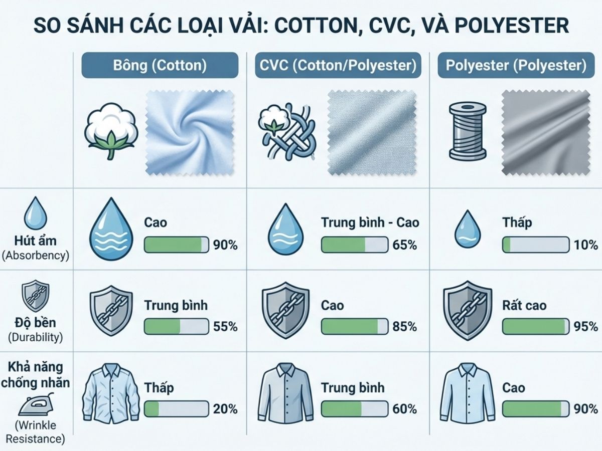 Infographic so sánh 3 loại vải Cotton, CVC, Poly về các tiêu chí: Thấm hút, Độ bền, Chống nhăn