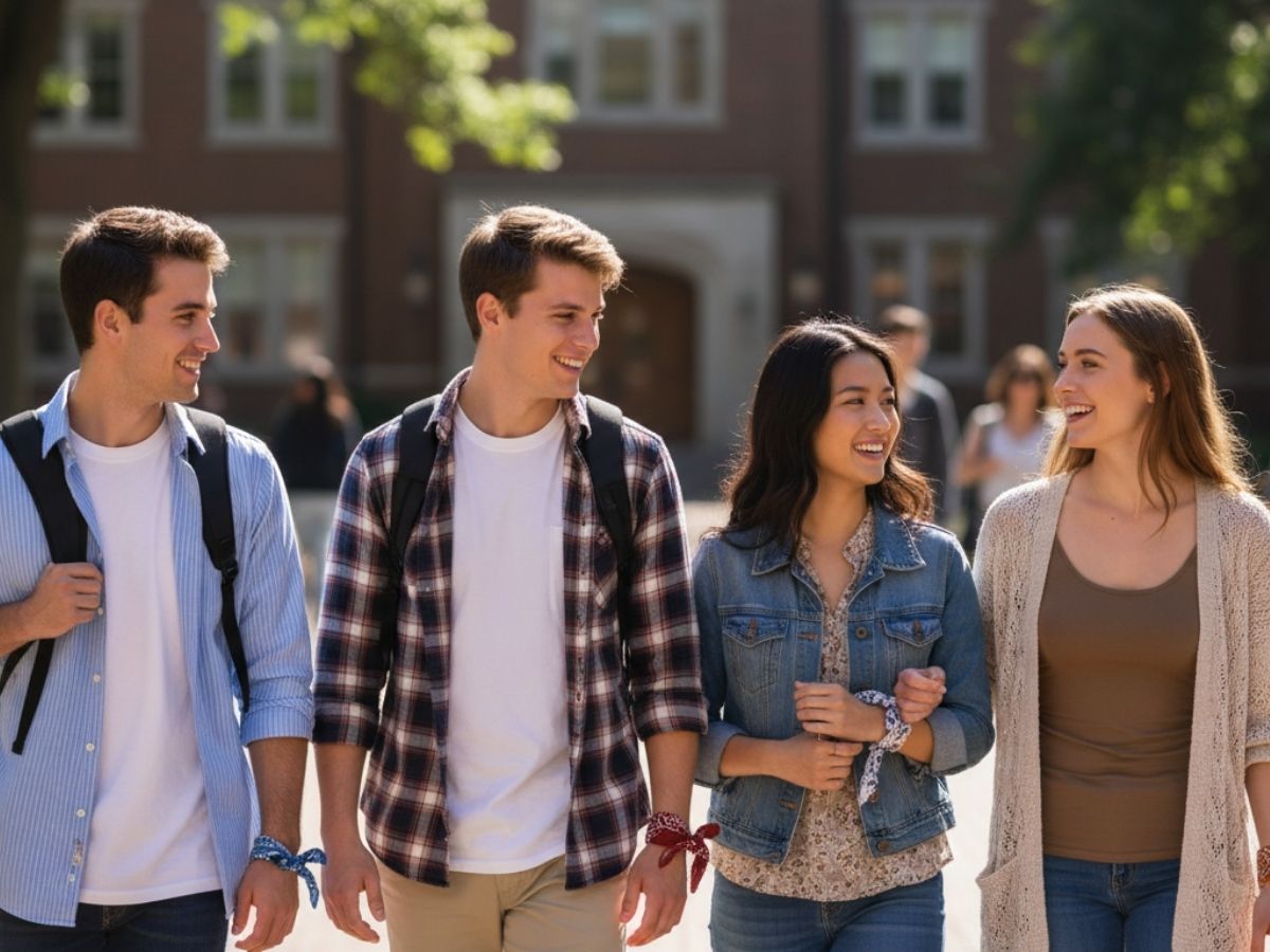 Nam sinh viên phối layer áo thun Coolmate trắng bên trong áo sơ mi đồng phục TDC và Nữ sinh viên tạo điểm nhấn với khăn bandana nhỏ trên cổ tay