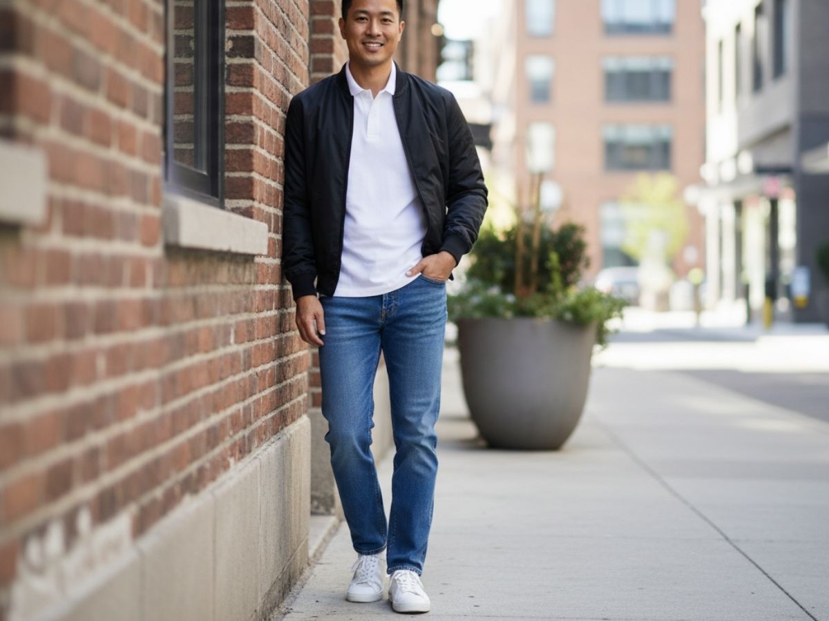 Bạn nam phối áo polo trắng với quần jeans xanh, áo khoác bomber và giày sneaker