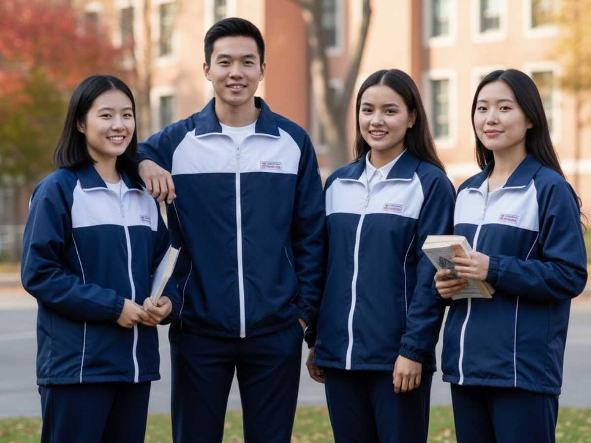 Một nhóm sinh viên mặc áo khoác gió đồng phục trong một chuyến đi thực tế ngoài trời, gương mặt rạng rỡ