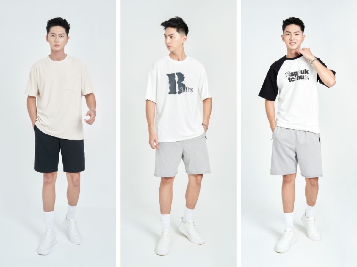 Một người mẫu mặc 3 kiểu áo polo form regular, slim và oversized để so sánh