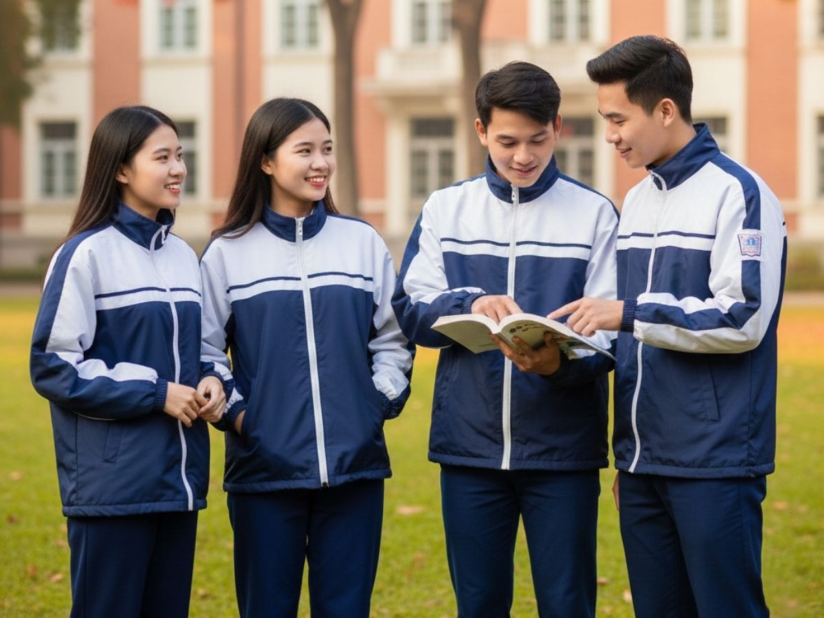 Sinh viên DVC mặc áo khoác đồng phục trong khuôn viên trường, thể hiện sự năng động