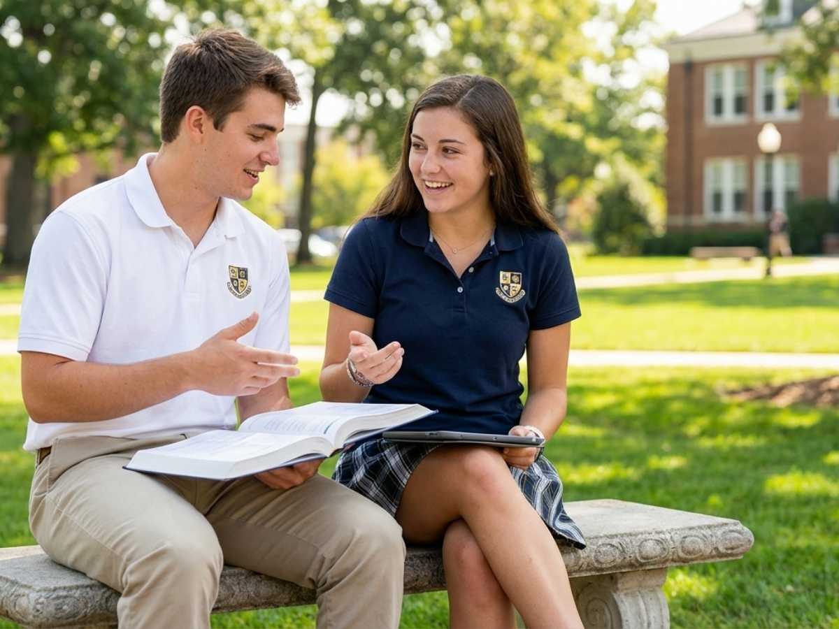 Hai bạn sinh viên, đang mặc áo polo đồng phục của trường và trao đổi bài vở trong thư viện hoặc khuôn viên trường