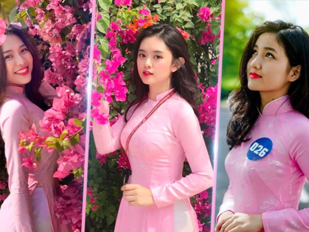 Nữ sinh Đại học Tôn Đức Thắng trong tà áo dài đồng phục màu hồng phấn