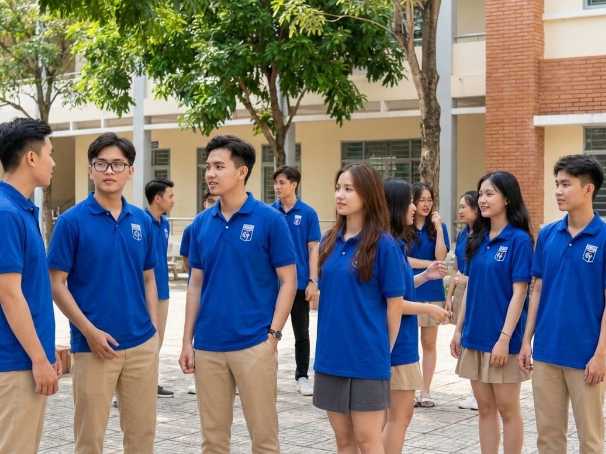 Nam và nữ sinh viên Cao Thắng mặc áo đồng phục polo xanh dương, đứng trong sân trường