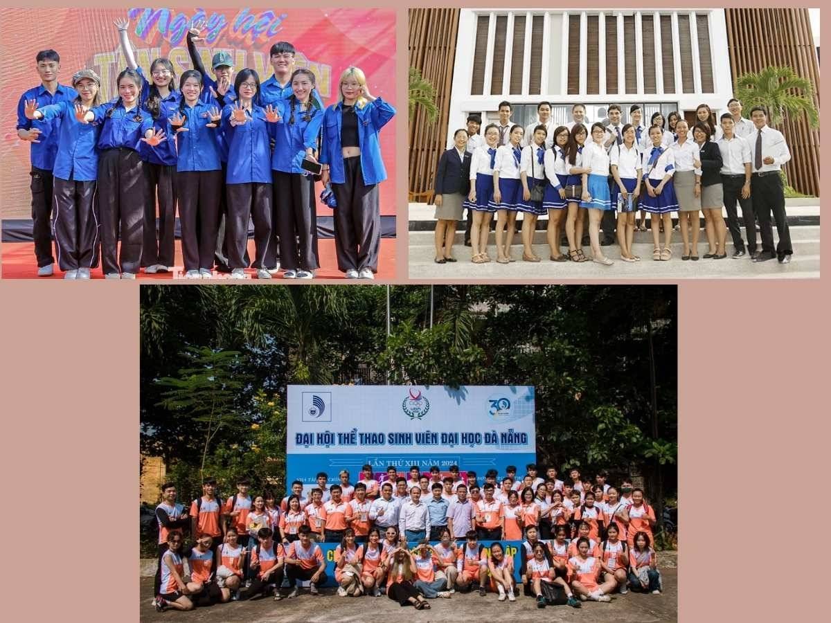 Collage khoảnh khắc sinh viên các trường đại học ở Đà Nẵng mặc đồng phục, tham gia học tập, thể thao, sự kiện